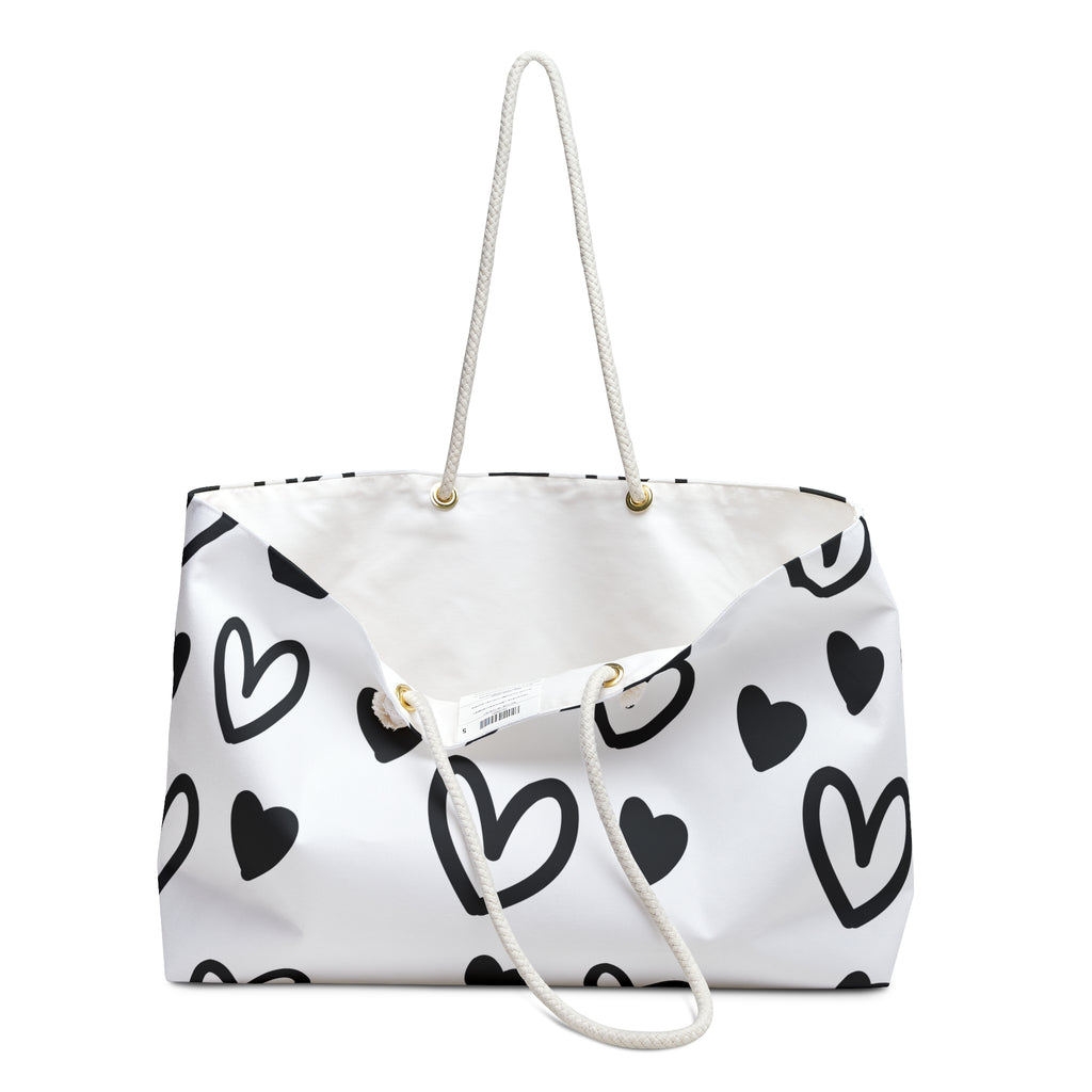 Black & White Heart Weekender Bag — Spacious Rope-Handle Travel Tote
