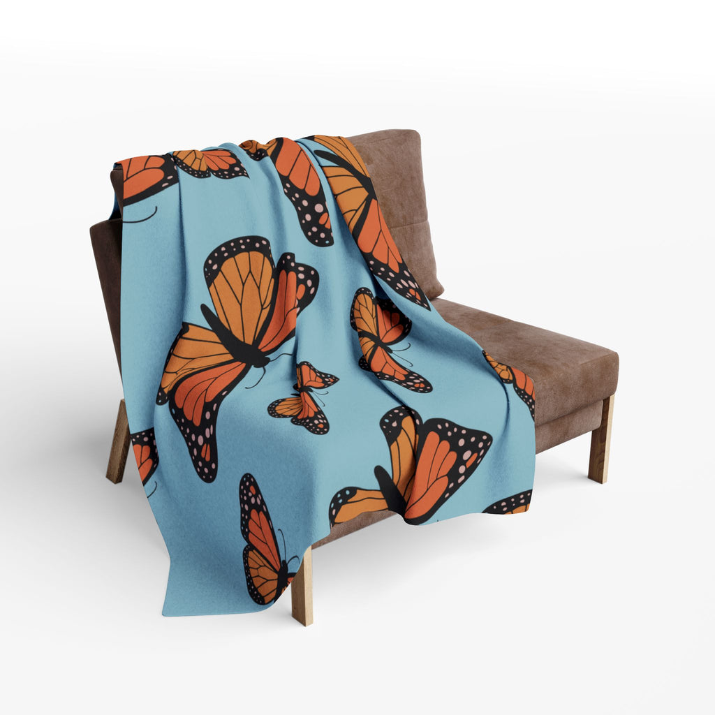 Monarch Meadow Fleece Blanket — Cozy Blue Throw with Orange Butterflies