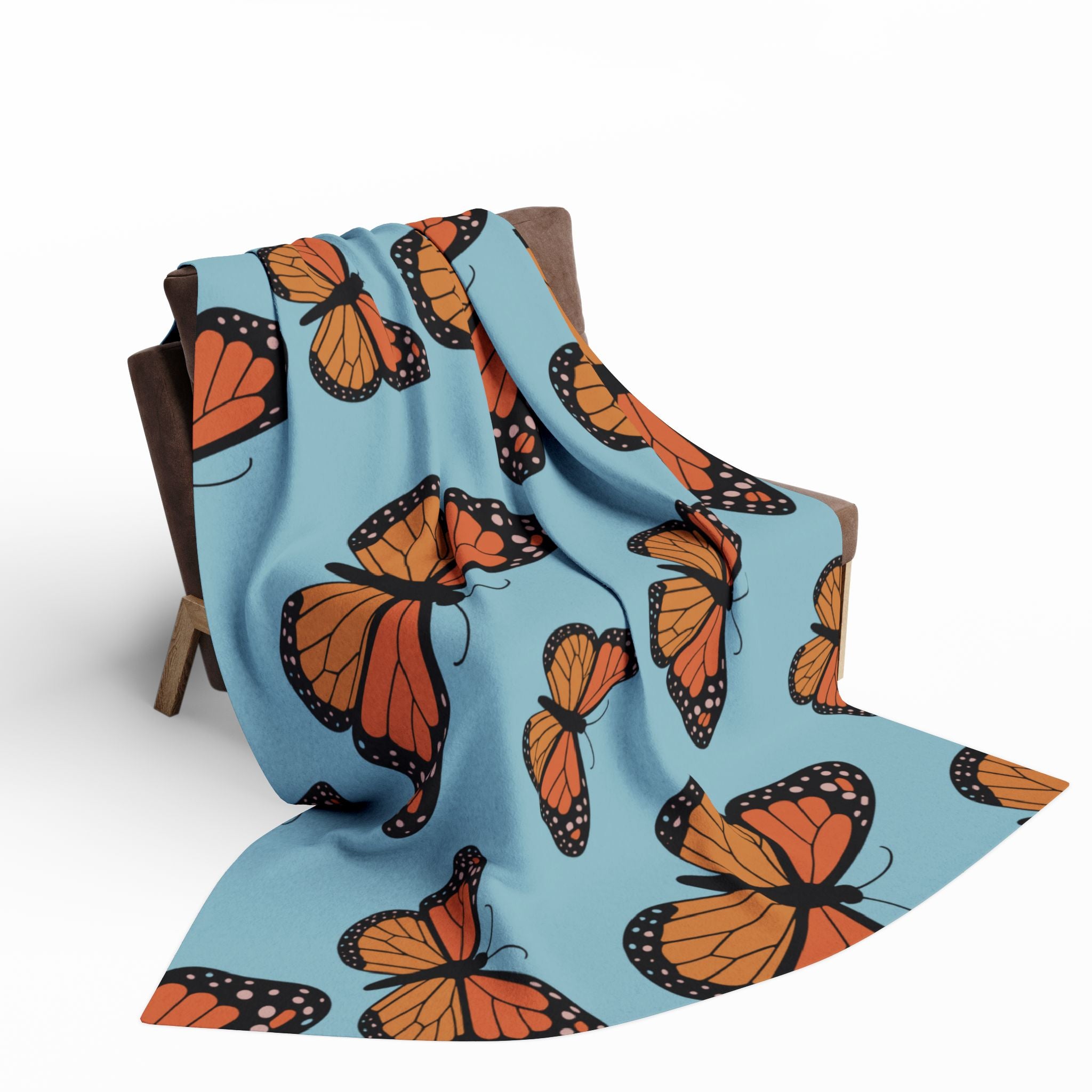 Monarch Meadow Fleece Blanket — Cozy Blue Throw with Orange Butterflies